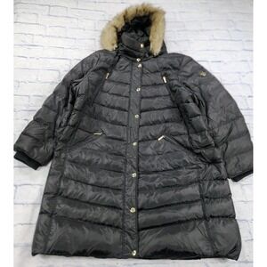 Michael Kors WOMENS 2X Black Maxi Down Puffer Quilted Coat Faux Fur Hooded